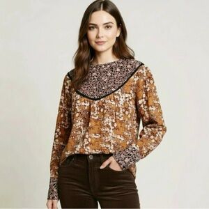 HINGE Top Black & Mustard Floral Balloon Long Sleeve Tunic Boho Blouse